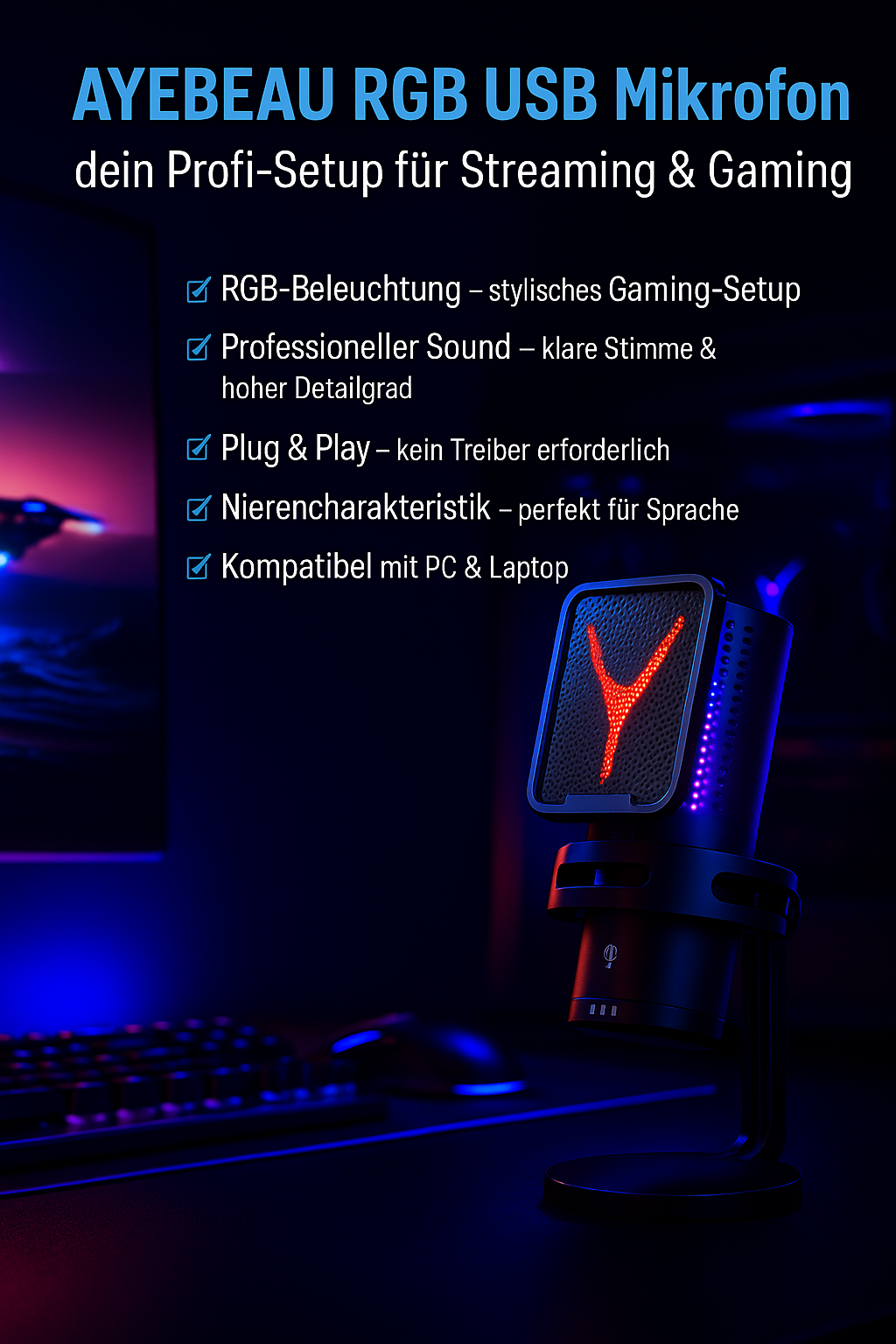 „AYEBEAU RGB Kondensator Mikrofon – USB, Studio & Gaming“
