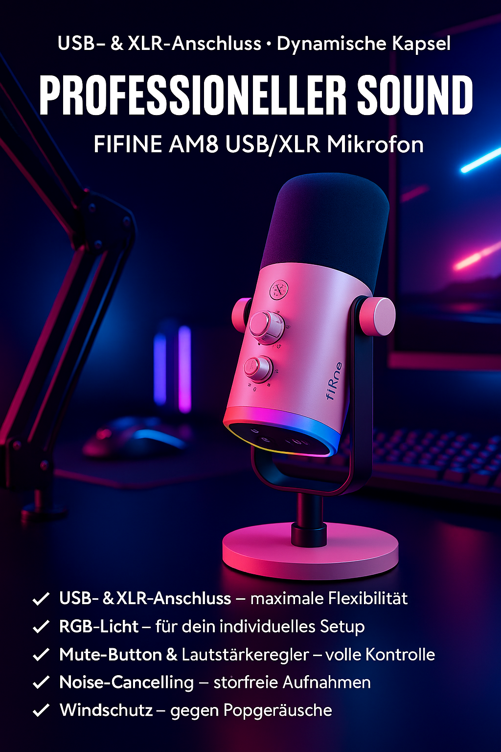 „FIFINE AM8 – USB/XLR Mikrofon mit RGB & Mute für Gaming“