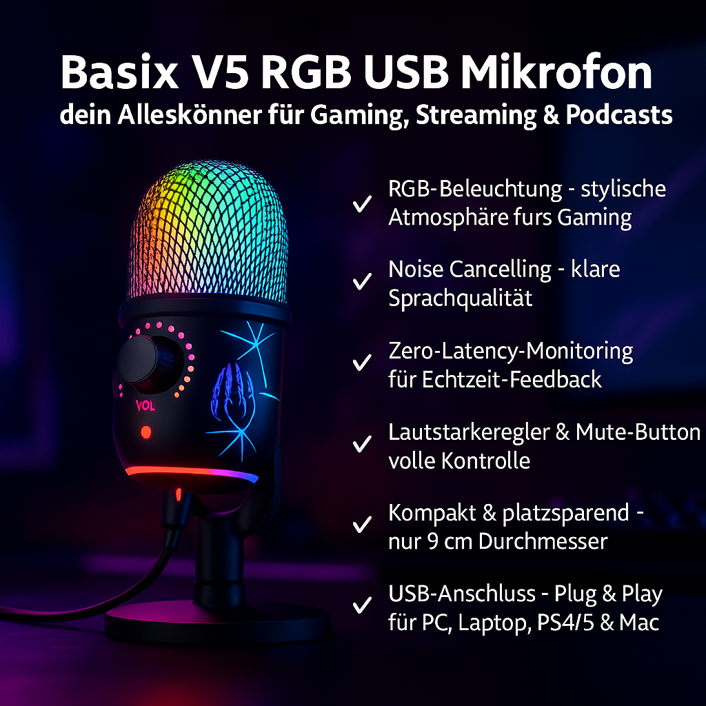 „Basix V5 RGB USB Mikrofon – Noise Cancelling, Monitoring, Gaming“