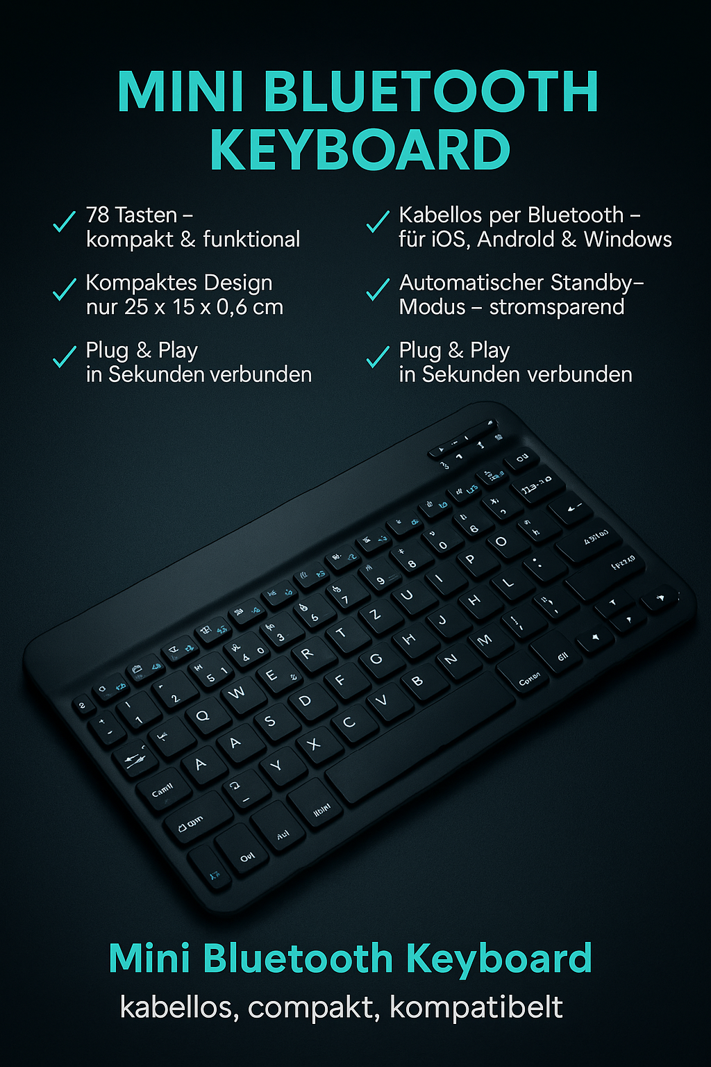 „Mini Bluetooth Keyboard – 78 Tasten, kompakt & kabellos“